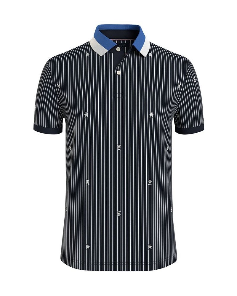 Men's Allover Monogram Pinstriped Short Sleeve Regular Fit Polo Shirt Blue $29.90 Polo Shirts