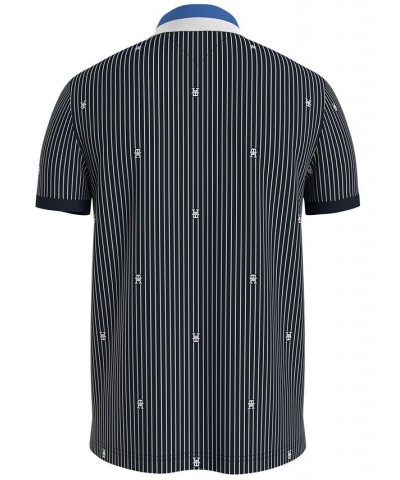 Men's Allover Monogram Pinstriped Short Sleeve Regular Fit Polo Shirt Blue $29.90 Polo Shirts