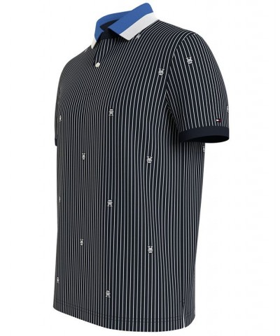 Men's Allover Monogram Pinstriped Short Sleeve Regular Fit Polo Shirt Blue $29.90 Polo Shirts