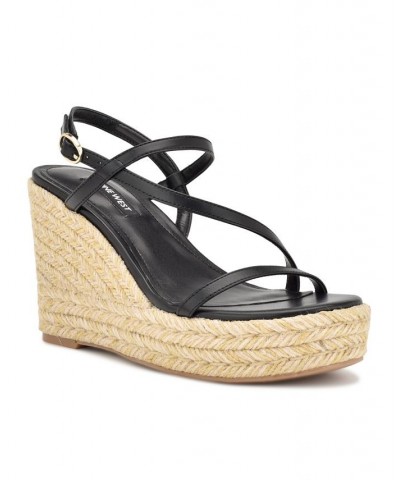 Women's Jills Round Toe Strappy Wedge Sandals Black $48.30 Shoes