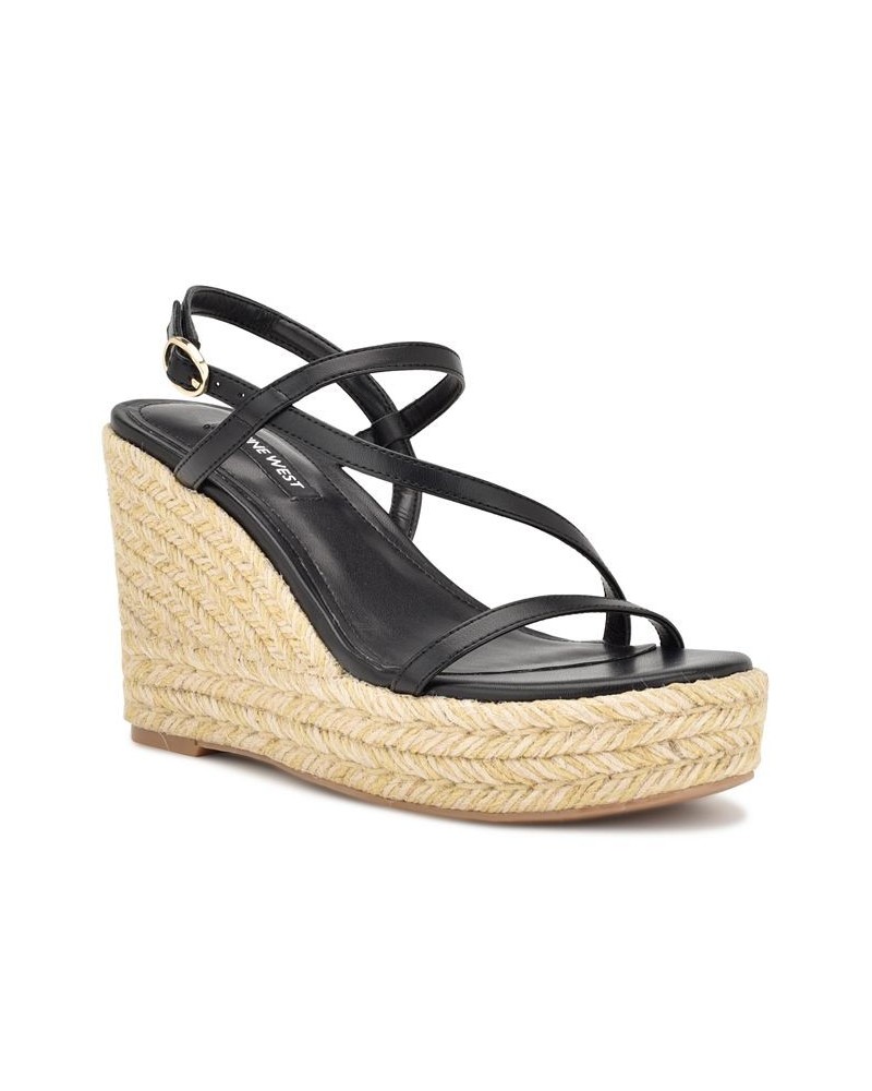 Women's Jills Round Toe Strappy Wedge Sandals Black $48.30 Shoes