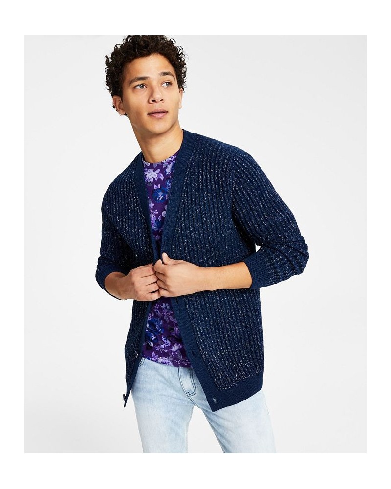 Men's Twisted Classic-Fit Metallic Ribbed-Knit Cardigan Blue $20.37 Sweaters