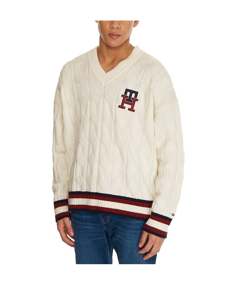 Men's Monogram V-Neck Cable Knit Wool Sweater Ivory/Cream $36.16 Sweaters