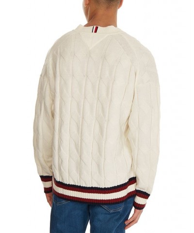 Men's Monogram V-Neck Cable Knit Wool Sweater Ivory/Cream $36.16 Sweaters