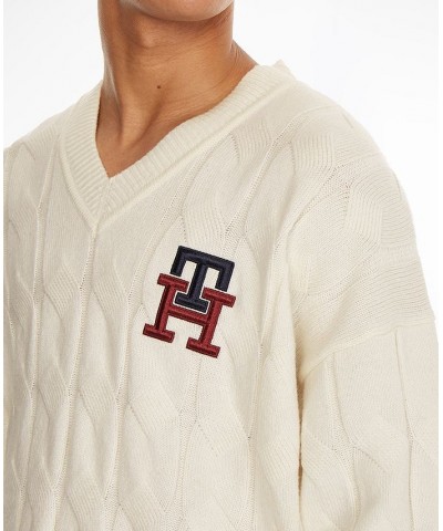 Men's Monogram V-Neck Cable Knit Wool Sweater Ivory/Cream $36.16 Sweaters