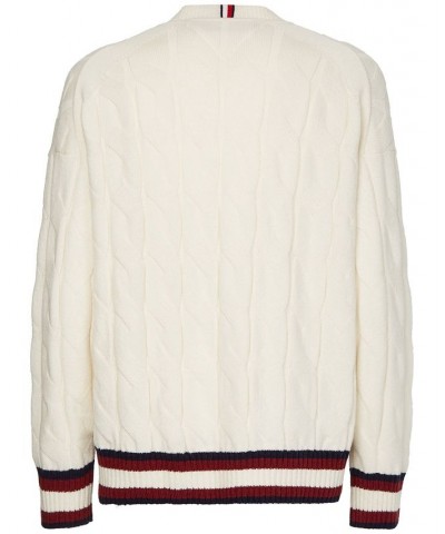 Men's Monogram V-Neck Cable Knit Wool Sweater Ivory/Cream $36.16 Sweaters