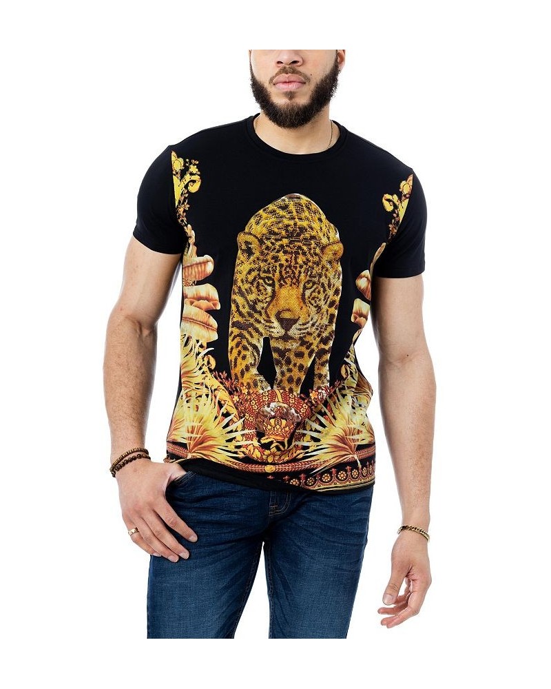 Men's Royal Leopard Rhinestone T-shirt Black $25.65 T-Shirts