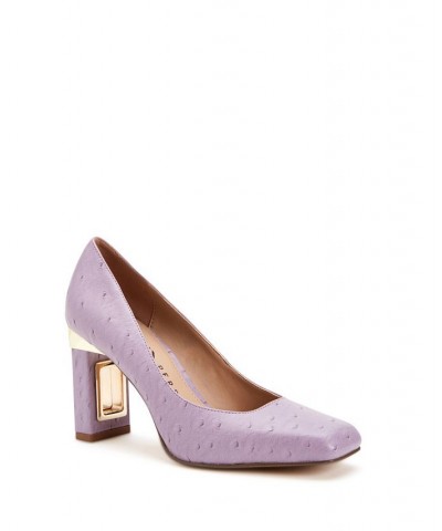 Women's Hollow Block Heel Pumps Purple $51.60 Shoes