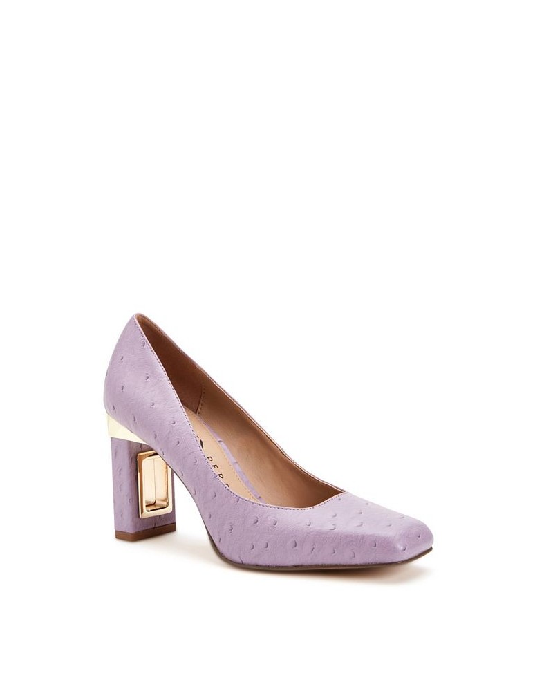 Women's Hollow Block Heel Pumps Purple $51.60 Shoes