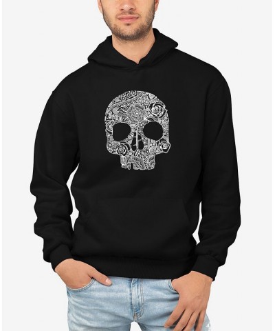 Men's Flower Skull Word Art Long Sleeve Hooded Sweatshirt Black $31.19 Sweatshirt