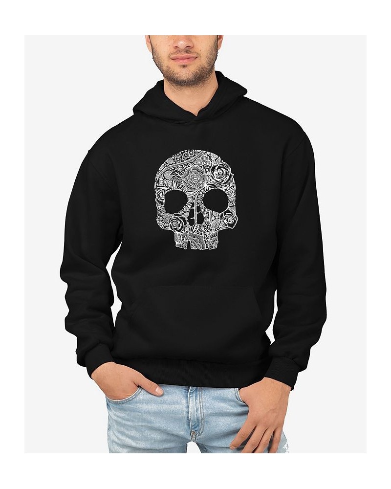 Men's Flower Skull Word Art Long Sleeve Hooded Sweatshirt Black $31.19 Sweatshirt