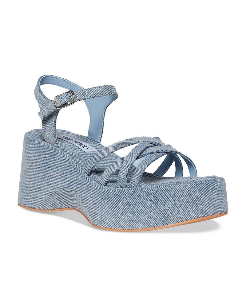 Women's Crazy Strappy Platform Wedge Sandals Blue $42.57 Shoes