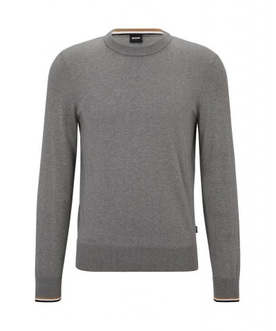 BOSS Men's Cotton Signature-Stripe Tipping Sweater Silver $65.80 Sweaters