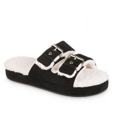 Women's Microsuede Double Buckle Slide Slippers Black $15.18 Shoes