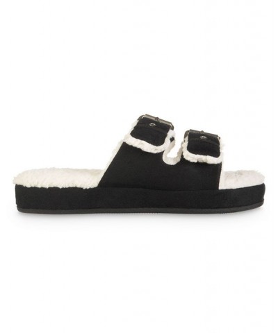 Women's Microsuede Double Buckle Slide Slippers Black $15.18 Shoes