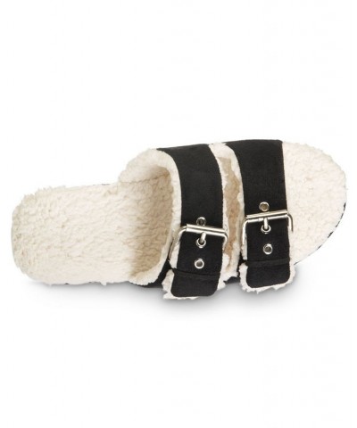 Women's Microsuede Double Buckle Slide Slippers Black $15.18 Shoes