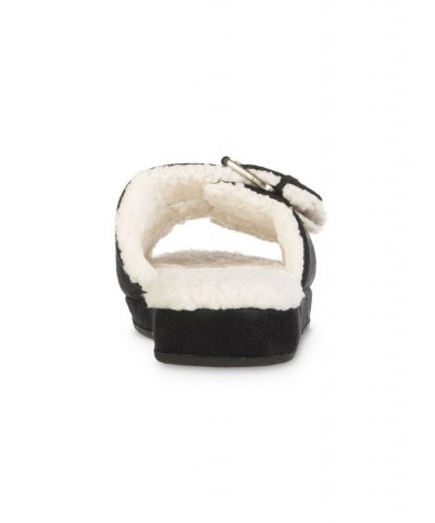 Women's Microsuede Double Buckle Slide Slippers Black $15.18 Shoes