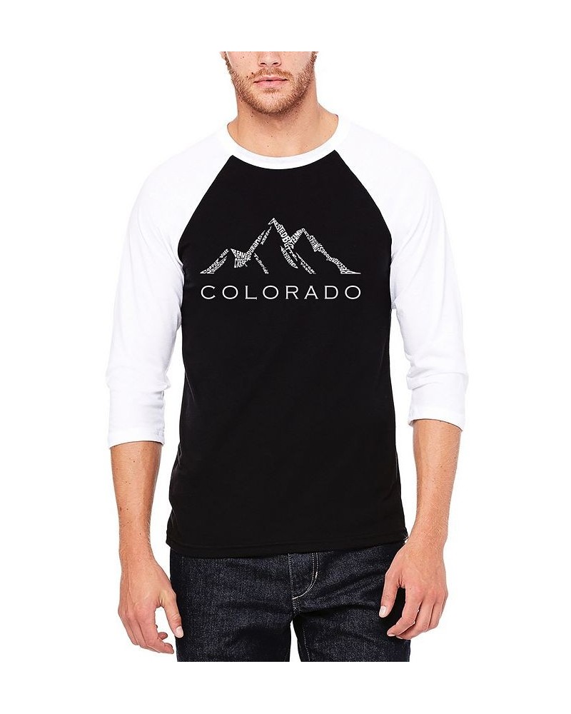 Men's Raglan Sleeves Colorado Ski Towns Baseball Word Art T-shirt Black, White $26.99 Shirts