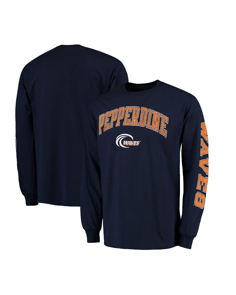 Men's Branded Navy Pepperdine Waves Distressed Arch Over Logo Long Sleeve Hit T-shirt $17.66 T-Shirts