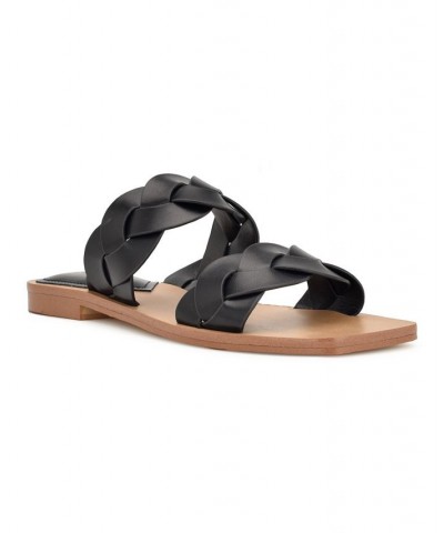 Women's Royal Square Toe Strappy Flat Slide Sandals Black $36.34 Shoes