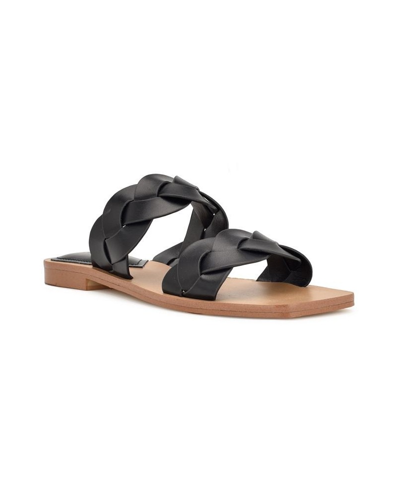 Women's Royal Square Toe Strappy Flat Slide Sandals Black $36.34 Shoes