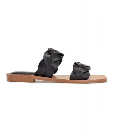 Women's Royal Square Toe Strappy Flat Slide Sandals Black $36.34 Shoes