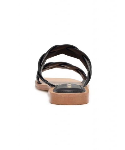 Women's Royal Square Toe Strappy Flat Slide Sandals Black $36.34 Shoes